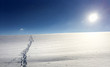 Hintergrund, Textur, Template: Schneefläche mit Fußspuren zum Horizont, blauer Himmel, Sonne