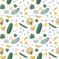 Wall Mural - summer seamless pattern, bananas and palm trees, hat and mollusks, vector illustration hand drawing