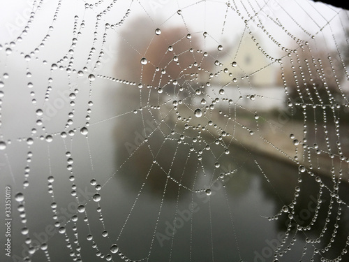 Fotografía Hintergrund, Textur, Template: Spinnenetz mit Tautropfen an einer Brücke vor uns
