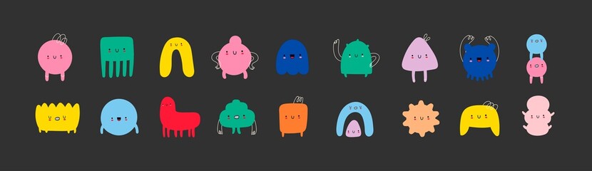 hand drawn cute tiny little doodle monsters. cheerful face emotions. colorful big vector set. trendy