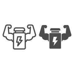 Poster - Muscle hands with bottle line and solid icon. Protein energy drink and arms symbol, outline style pictogram on white background. Sport or fitness sign for mobile concept, web design. Vector graphics.