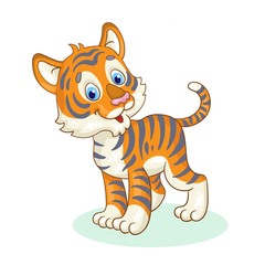 Sticker - Cute little tiger cub. In cartoon style. Isolated on white background. Vector illustration.