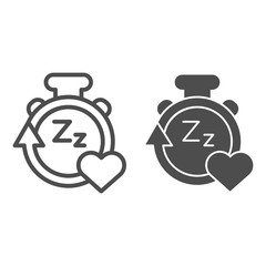 Poster - Sleep duration tracker line and solid icon. Gadget with arrow and heart symbol, outline style pictogram on white background. Healthy lifestyle sign for mobile concept and web design. Vector graphics.