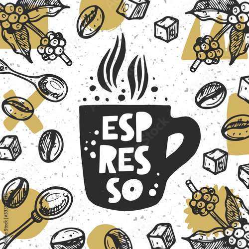 Dekoracja na wymiar  kawa-espresso-recznie-rysowane-ilustracja-z-typografia-sylwetka-miseczki-z-iglicami-parowymi
