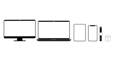 Aufkleber - New device icon set in black: smartphone, laptop, computer monitor, tablet, headphones and smart watch on isolated white background. EPS 10 vector