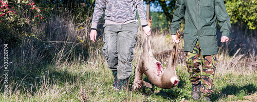 Fotomural Two hunters carry the roe deer caught