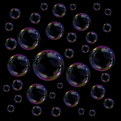 Poster - Abstract background with realistic transparent colorful soap bubbles with rainbow reflection. Backdrop with bubble blower.