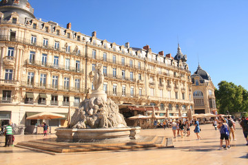 Wall Mural - Comedy square of Montpellier and its three graces fountain, Herault, France