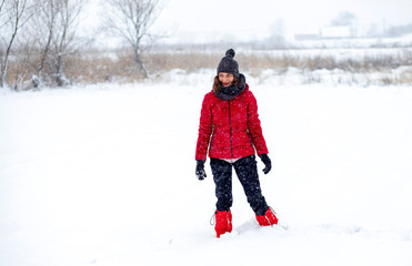 Wall Mural - woman in red jacket playing with her dog in big snow