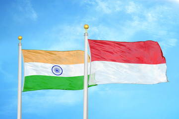 India and Indonesia two flags on flagpoles and blue cloudy sky