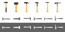 Set Of Six Different Hammers. Yellow Handle With Black Head Isolated On White. Flat Style And Icon Implementation.