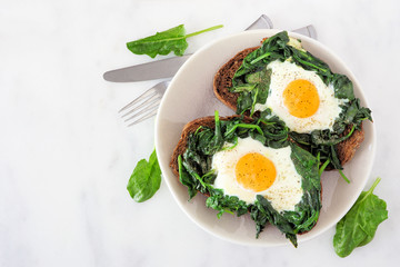 Wall Mural - Healthy toasts with spinach and egg  on a plate. Top view over a white marble background.