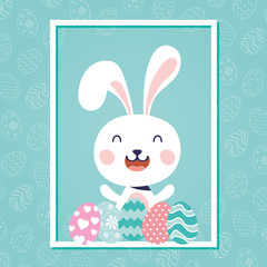 Sticker - happy easter celebration card with rabbit and eggs painted