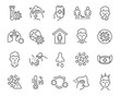  Flu and coronavirus icons set. Collection of linear simple web icons such as hygiene, disinfection, symptoms, treatment, virus, prevention and other. Editable vector stroke.