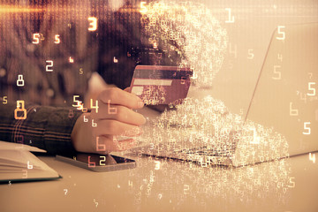 Poster - Multi exposure of woman on-line shopping holding a credit card and tech theme drawing. Technology concept.
