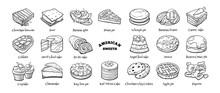 Collection Of Traditional American Desserts. Hand Drawn Sketch In Doodle Style.