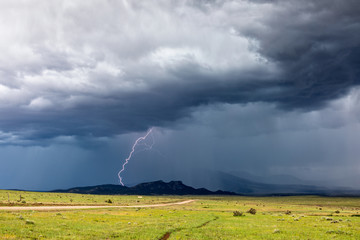 Wall Mural - Thunderstorm lightning strike with rain and dark storm clouds