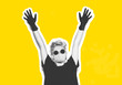 © tryama - Short hair girl in corona virus protective medicine mask, gloves and sunglasses saving her from infection holding arms up. Colour collage in magazine style with emotional crazy woman in black t-shirt.
