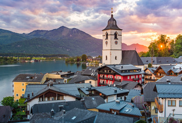 Wall Mural - View from the hotel at St. Wolfgang Lake in beautiful Sunset summer time