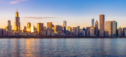 Chicago downtown skyline sunset Lake Michigan with most Iconic building from Adler Planetarium