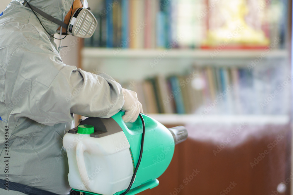 Disinfectant sprayers and germs that adhere on objects on the surface. prevent infection Covid 19 viruses or coronavirus And various pathogens. concept healthcare system ,stay safe and hand sanitizer. - obrazy, fototapety, plakaty 