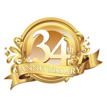 34 Years Golden Anniversary Logo Celebration With Ring And Ribbon.