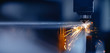 Leinwandbild Motiv Blue color Laser CNC cut of metal with light spark, technology modern industrial