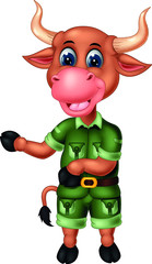 Funny Brown Cow In Green Uniform Cartoon