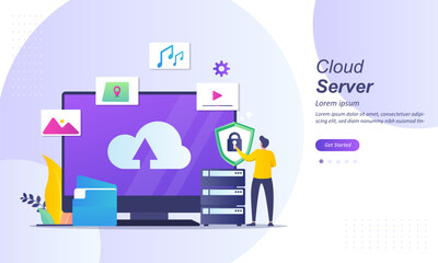 Cloud server concept, digital service with security data transfering, web cloud technology, Suitable for web landing page, ui, mobile app, banner template. Vector Illustration. 