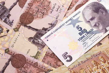 A close up image of a purple five Turkish lira bank note on a background of Egyptian one pound bank notes in macro