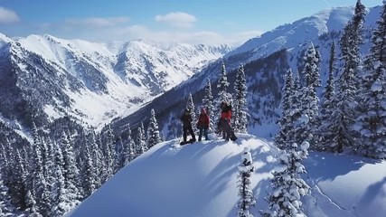 Wall Mural - Climbers Walking Up Mountain Expedition Aerial Flight Epic Mountain Range Climb To Success Beautiful Peak Winter Vacation Exploration Adventure Hiking Tourism Concept.