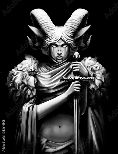 Fotomural A statue of a satyr girl with large horns and a sword in her hands, she is dressed in a tunic with woolen shoulders