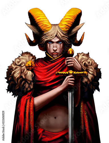 Fotografía A beautiful satyr girl with huge golden horns, and with a sword in her hands, looks straight ahead at the viewer, she is dressed in a red tunic with woolen shoulders