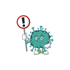 Wall Mural - Smiling cartoon design of critical coronavirus with a sign