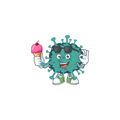 Sticker - cartoon character of critical coronavirus enjoying an ice cream