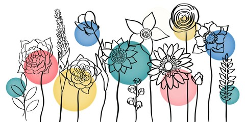 linear drawing of flowers and leaves on a background of colored circles