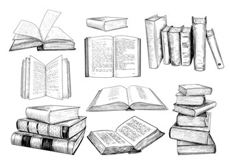 .a collection of books sketches .various books in vintage style. hand-drawn vector design elements. 