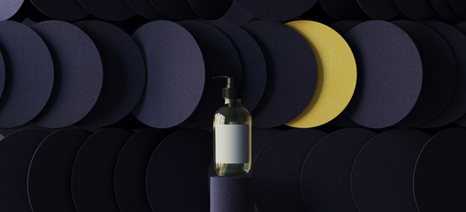 Wall Mural - Minimal background for branding and product presentation. Night beauty cosmetic bottle on yellow moon shapes of geometric background. 3d rendering illustration.