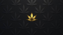 Luxury Golden Background With Cannabis Leaves. Minimal Trendy Design Wallpaper Marijuana. Black And Gold Leaves Cannabis.3d Render. 3d Illustration.
