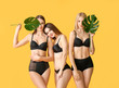Beautiful young women in underwear and with tropical leaves on color background