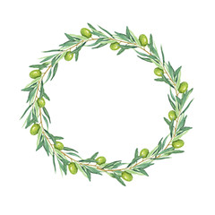  Green olive round frame isolated on white background. Hand drawn watercolor illustration.