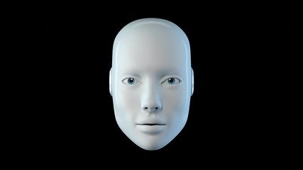 Artificial Intelligence as white Robot Cyber Face Head say Hello isolated on Black Background 4K video with Alpha channel