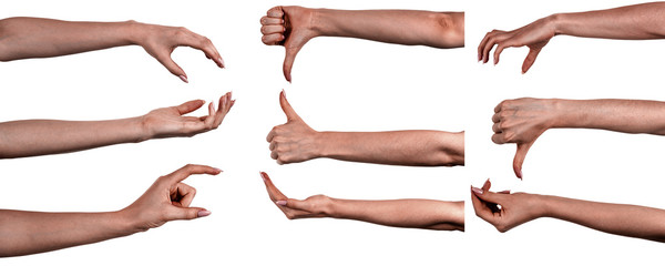 Multiple images set female black hands isolated white background showing different gestures. Collage of hands of a african woman  with manicure