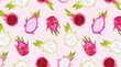 © Lena Lapina - Seamless pink dragon fruit pattern. Exotic fruits on a soft pink background. Hawaiian food. Healthy eating. Trendy vector illustrated pattern of summer fruits. Beautiful design for wallpapers, web.