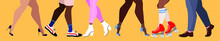 Legs And Shoes. Male And Female Legs And Roller Skates, Shoes, High Heels And Trainers. Colourful Socks And Pants. Party People. Modern Banner Design For Web And Pint. Trendy Vector Illustration. 