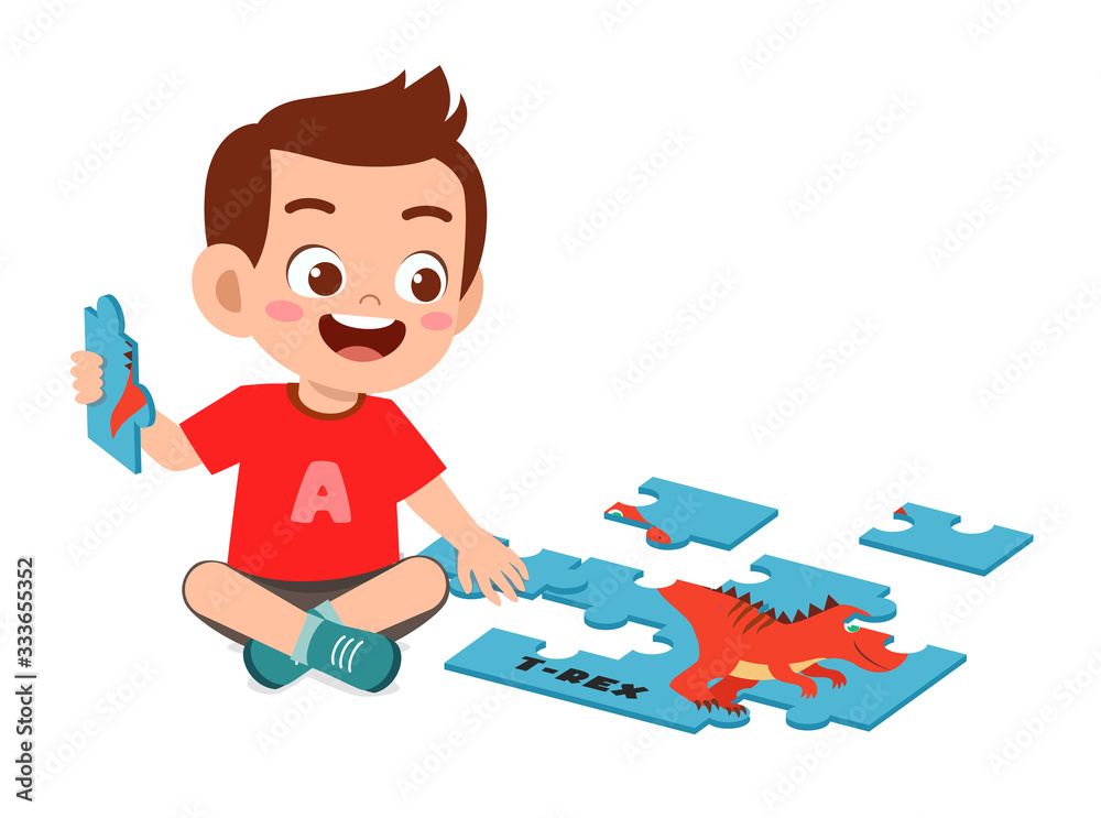 happy cute little kid boy play jigsaw puzzle Stock Vector | Adobe Stock