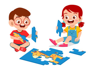 Wall Mural - happy cute little kid boy and girl play jigsaw puzzle