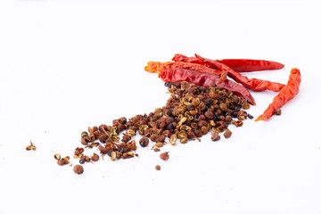 Chines Chili called Mala in bowl with Mala seed on side ,Very hot and spicy . isolated on white background.