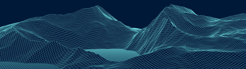 Poster - Vector wireframe 3d landscape. Technology grid illustration. Network of connected dots and lines. Futuristic background.