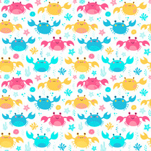 Seamless Vector Pattern With Crabs. Cute Kawaii Krabs Background.